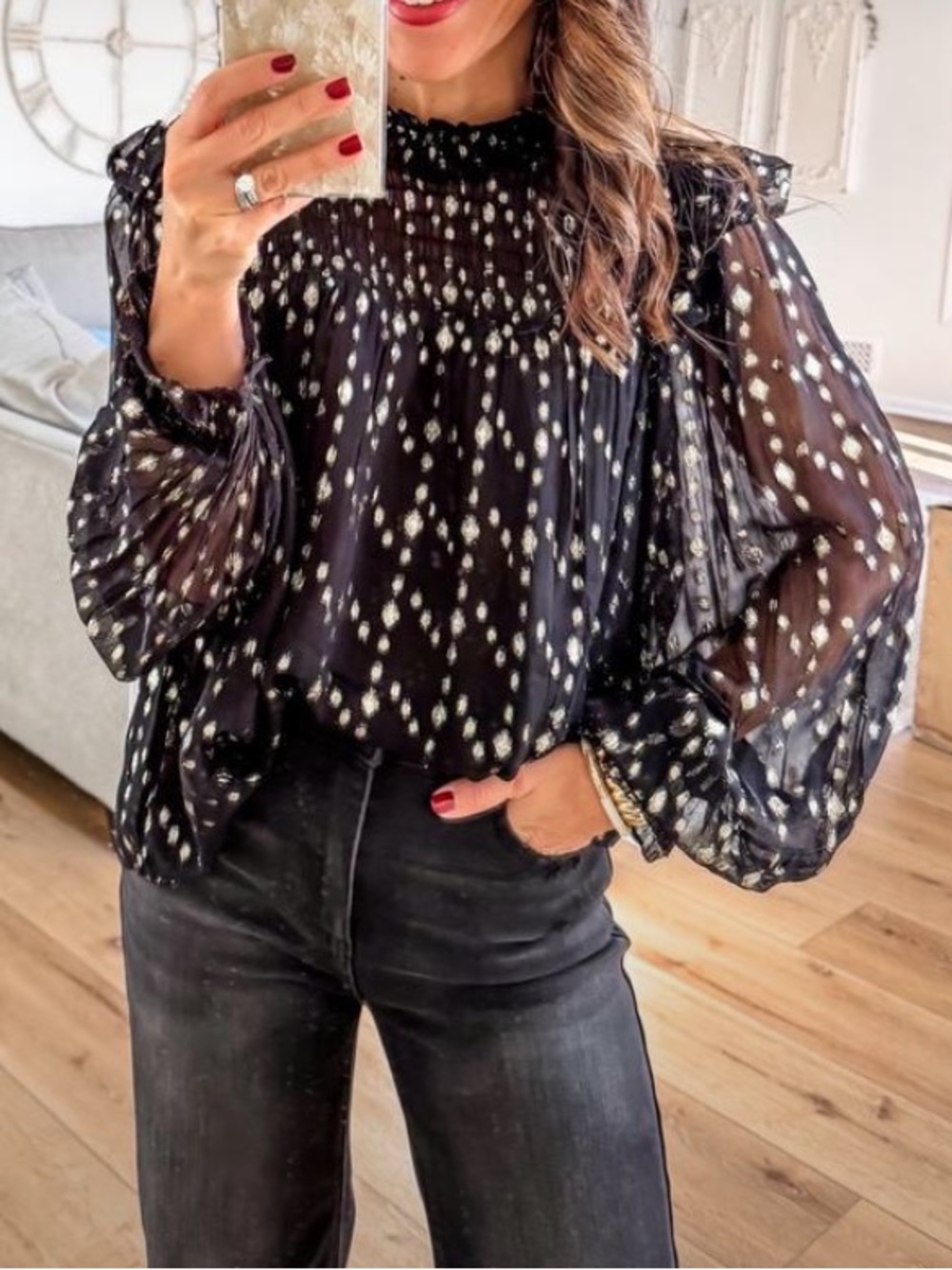Elan Black Sheer Dot-Print Smocked Yoke Blouse🚌